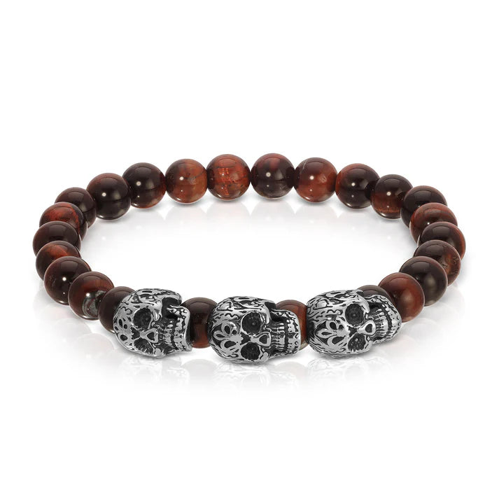 My Fun Colors Bracelets: Stainless Steel Skull: Red Tiger Eye