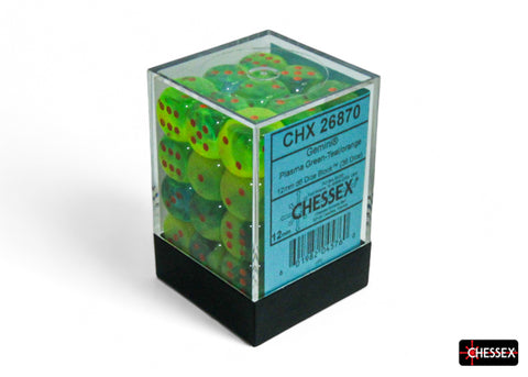 Chessex Gemini: 12MM D6 PLasma Green-Teal/Orange Luminary (36)