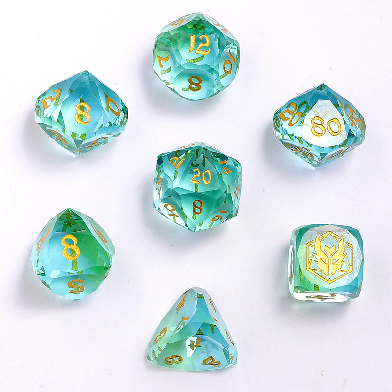 Hymgho: Dragon's Hoard Gemstone Dice: Luster Cut Dice Set: Blue & Green Glass