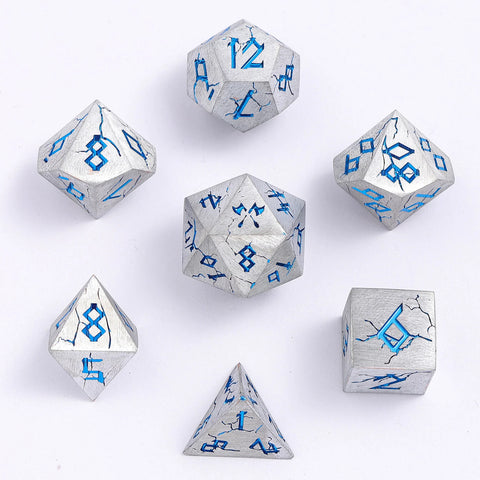 Hymgho Solid Metal Barbarian Dice: Brushed Matte Silver and Blue Set (7)