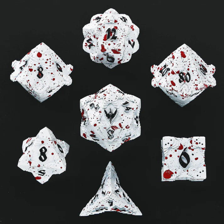 Hymgho Solid Metal Paladin Dice: Matte White with Blood Spatters Set (7)