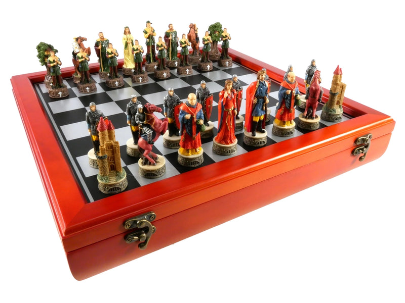 Chess Set: Robin Hood Resin Chessmen On Cherry Stained Chest