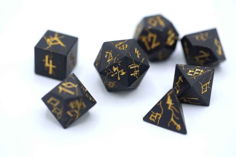 Hymgho Solid Metal Barbarian Dice: Matte Black with Gold Set (7)