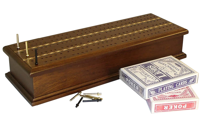 Cribbage Board 3 Player Inlaid Walnut with Cards