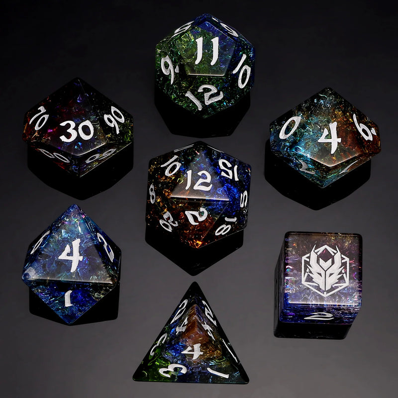 Hymgho: Dragon's Hoard Blasted Glass Dice: Green Blue & Yellow