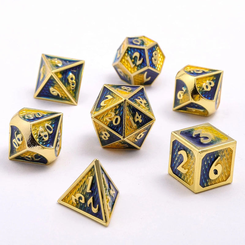 Hymgho: Solid Metal Mini Behemoth Dice set: Gold with Yellow and Blue Enamel