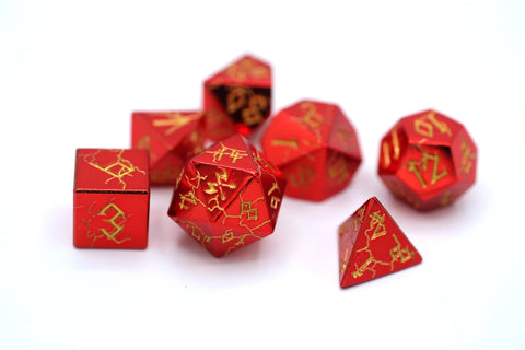 Hymgho Solid Metal Barbarian Dice: Red Chrome with Gold Set (7)