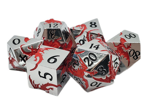 Old School Metal 7 Dice Set: Soaring Dragon: Silver with Red