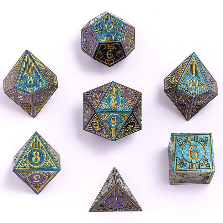 Hymgho: Solid Metal Bard Dice: Glitter Blue With Gold (7)
