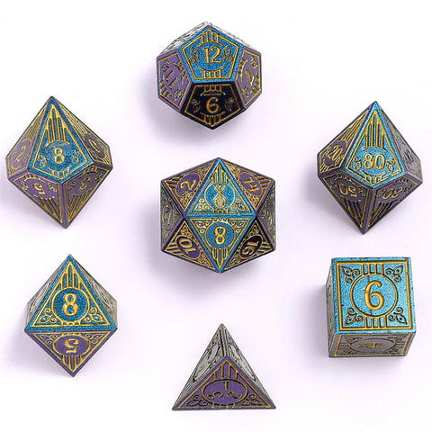 Hymgho: Solid Metal Bard Dice: Glitter Blue With Gold (7)