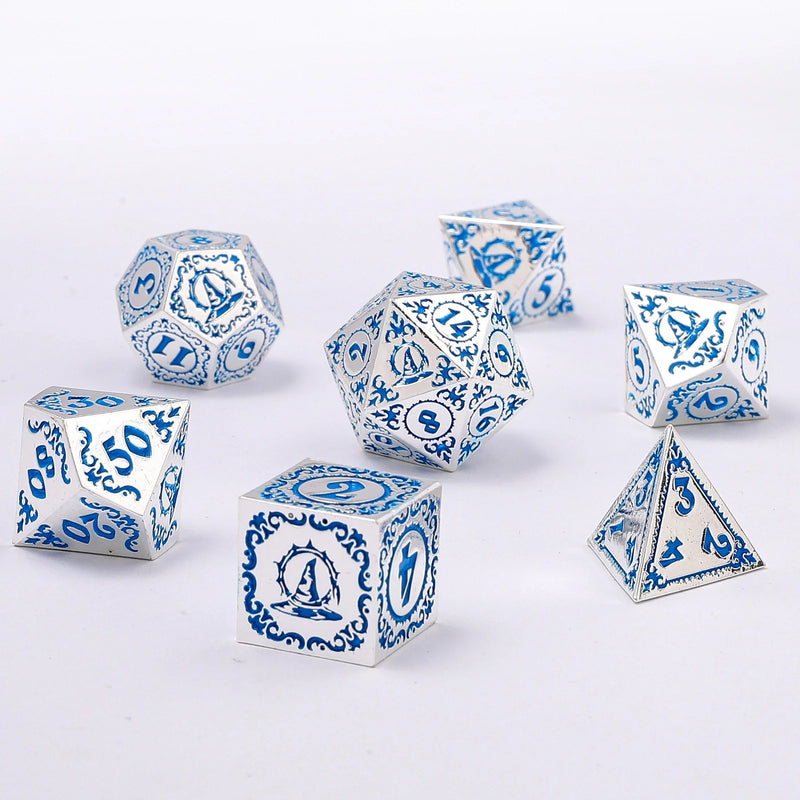 Hymgho Solid Metal Wizard Dice: Silver Chrome with Blue Set (7)