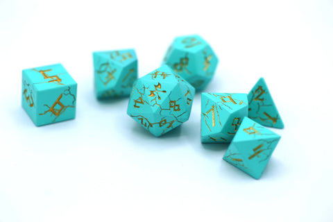 Hymgho Solid Metal Barbarian Dice: Turquoise with Gold Set (7)