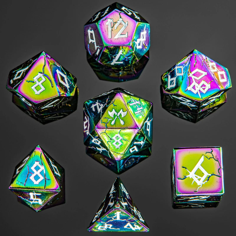 Hymgho Solid Metal Barbarian Dice: Rainbow Chrome with White Set (7)