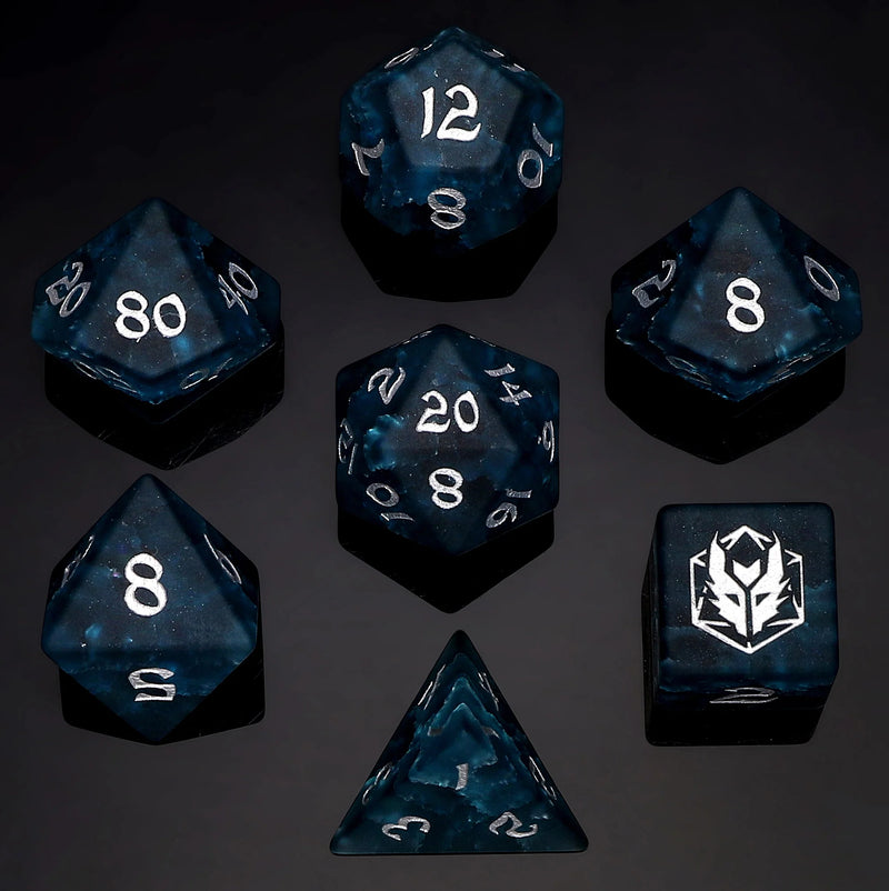 Hymgho: Dragon's Hoard Polyhedral Dice Set: Blasted Glass Frosted Dark Blue