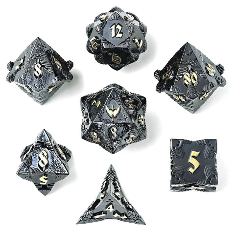 Hymgho Solid Metal Paladin Dice: Gunmetal With Gold (7)
