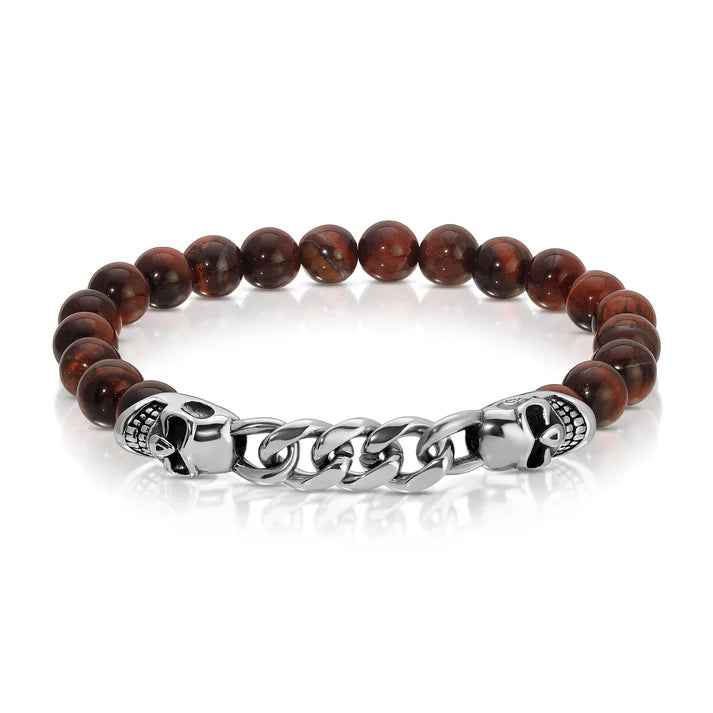My Fun Colors Bracelets: Stainless Steel Skull: Red Tiger Eye w/ Chain
