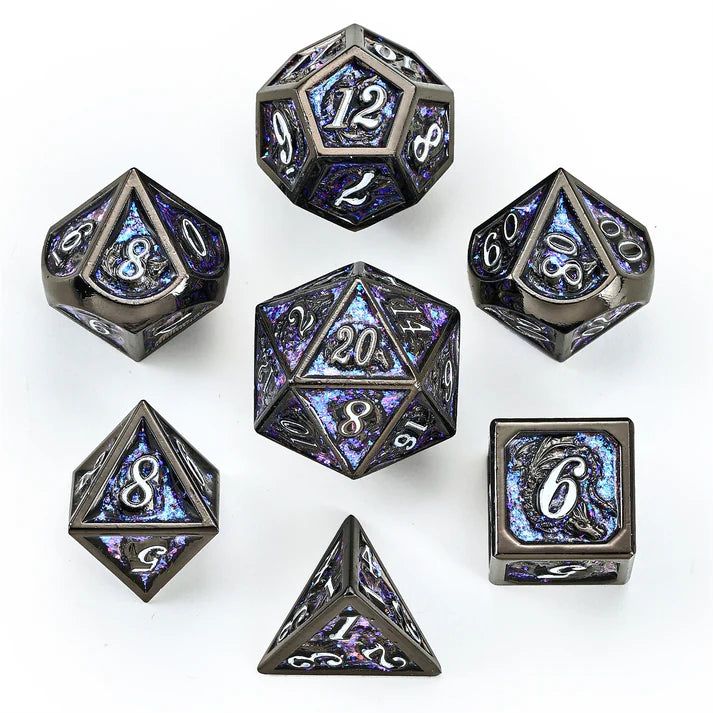 Hymgho Solid Metal Dragon Dice: Gunmetal With Purple (7)
