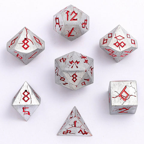 Hymgho Solid Metal Barbarian Dice: Brushed Matte Silver and Red Set (7)