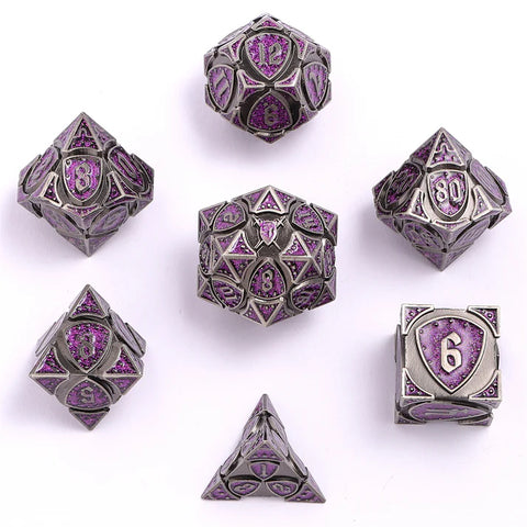 Hymgho Solid Metal Fighter Dice: Ancient Silver With Purple Glitters Set (7)