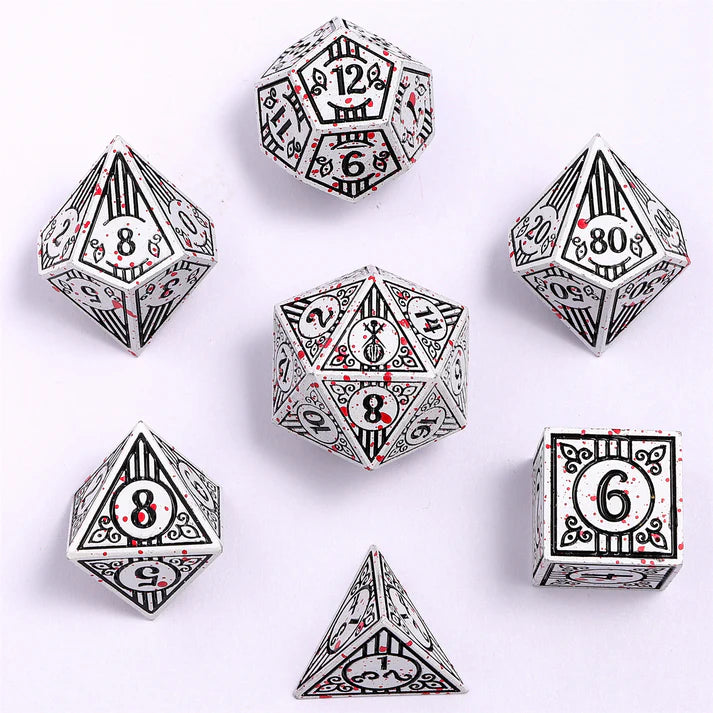 Hymgho Solid Metal Bard Dice: White With Blood Splatter (7)