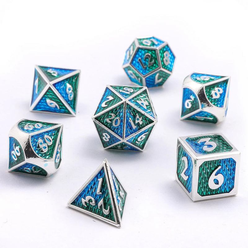Hymgho: Solid Metal Mini Behemoth Dice set: Silver with Green and Blue Enamel