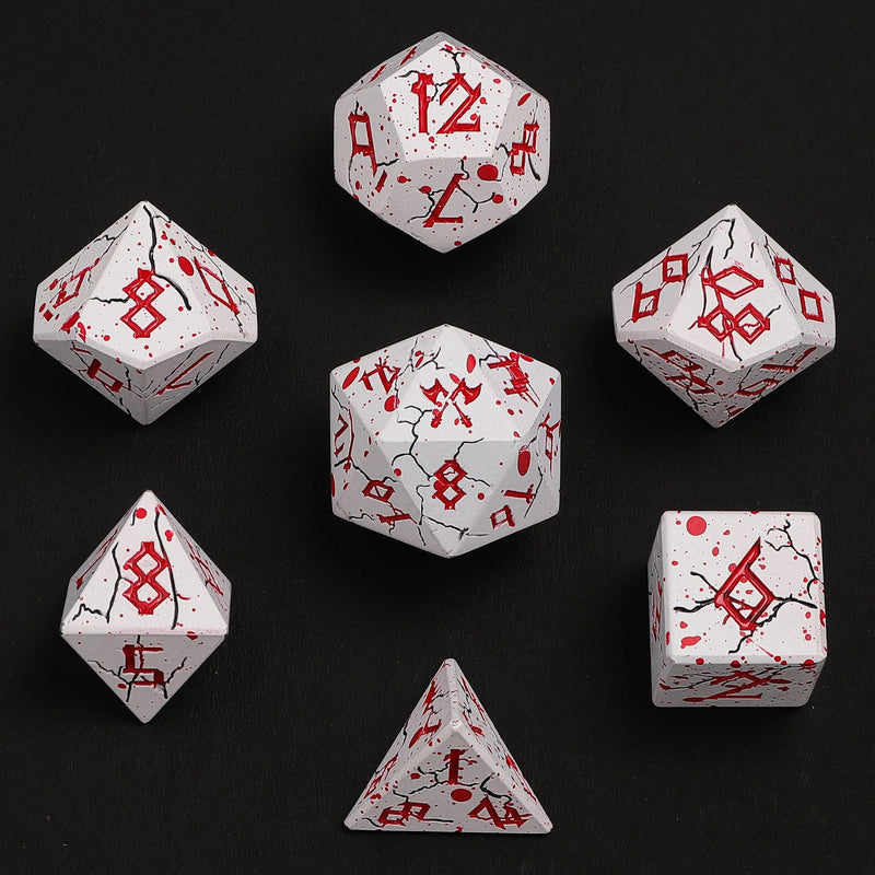 Hymgho Solid Metal Barbarian Dice: Matte White with Blood Red Set (7)
