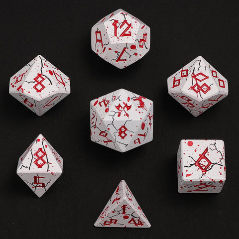 Hymgho Solid Metal Barbarian Dice: Matte White with Blood Red Set (7)