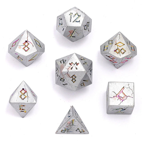 Hymgho Solid Metal Barbarian Dice: Brushed Matte Silver and Rainbow Set (7)