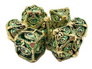 Old School Hollow Metal 7 Dice Set: All Seeing Eye: Gold with Green