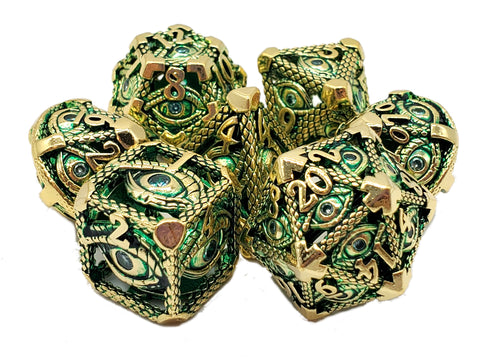 Old School Hollow Metal 7 Dice Set: All Seeing Eye: Gold with Green