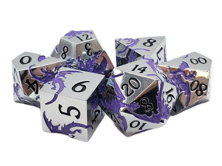 Old School Metal 7 Dice Set: Soaring Dragon: Silver with Purple