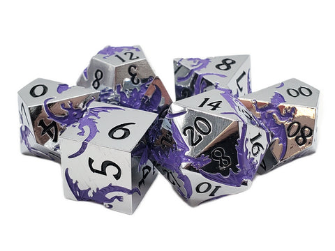 Old School Metal 7 Dice Set: Soaring Dragon: Silver with Purple