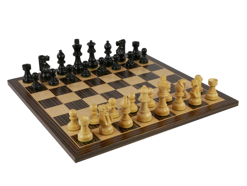 Chess Set: Small Black French Chessmen On Ebony Veneer Chess Board