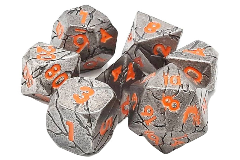 Old School Metal 7 Dice Set: Orc Forged: Ancient Silver with Orange