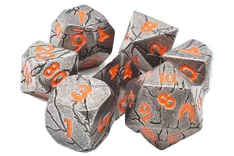 Old School Metal 7 Dice Set: Orc Forged: Ancient Silver with Orange