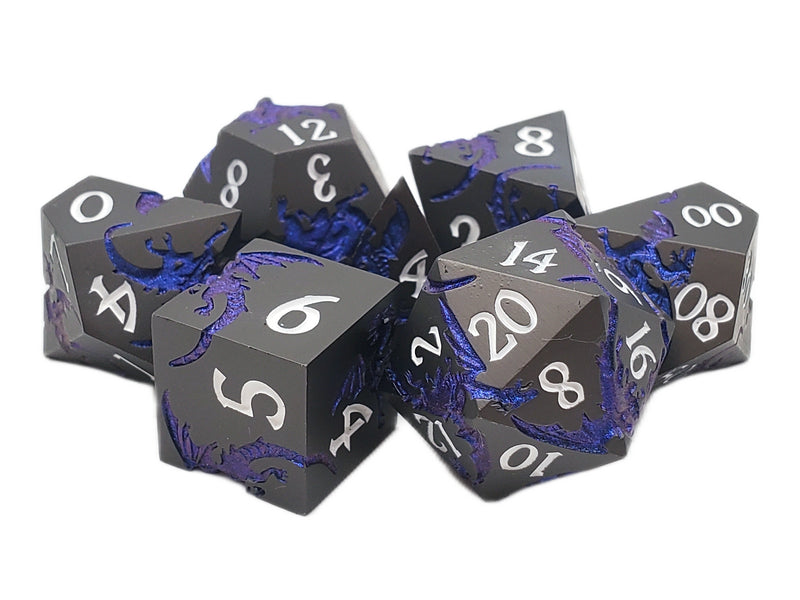 Old School Metal 7 Dice Set: Soaring Dragon: Matte Black with Blue