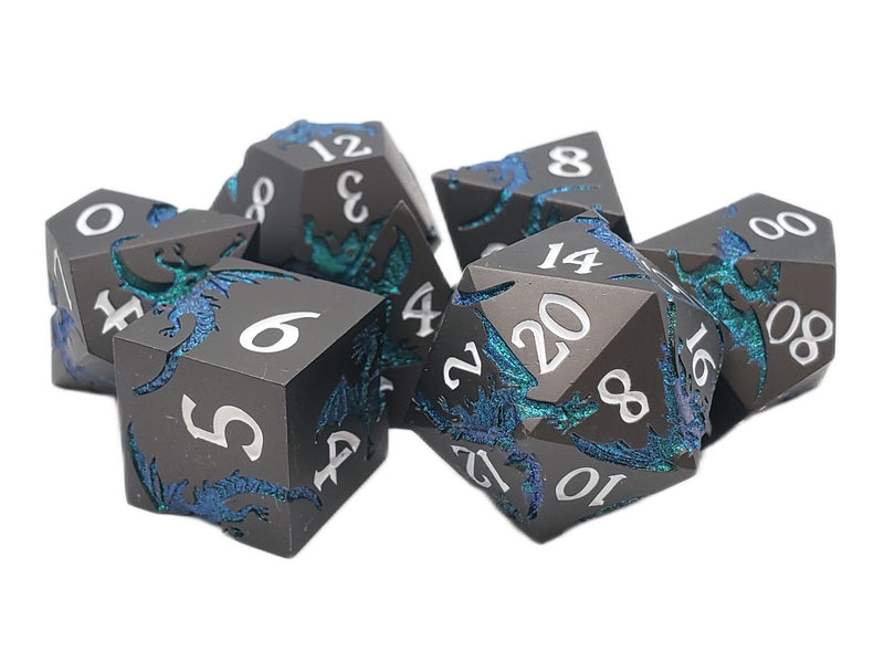 Old School Metal 7 Dice Set: Soaring Dragon: Matte Black with Green