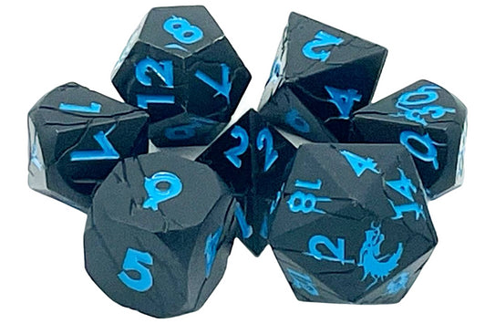 Old School Metal 7 Dice Set: Orc Forged: Matte Black with Blue