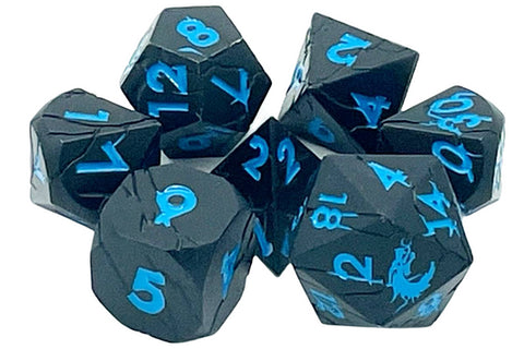 Old School Metal 7 Dice Set: Orc Forged: Matte Black with Blue