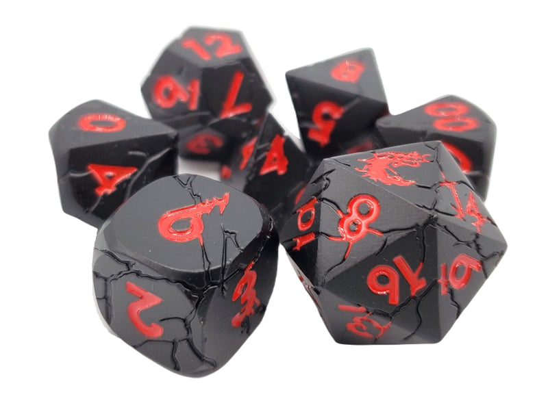 Old School Metal 7 Dice Set: Orc Forged: Matte Black with Red