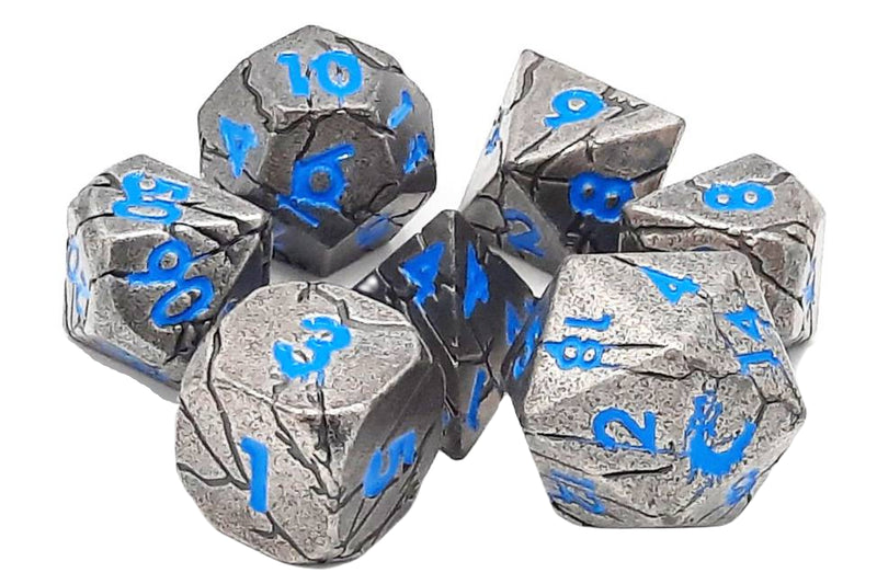 Old School Metal 7 Dice Set: Orc Forged: Ancient Silver with Blue