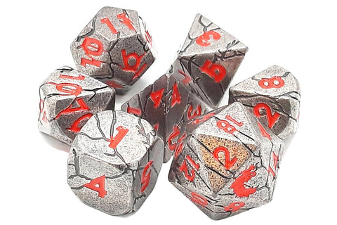 Old School Metal 7 Dice Set: Orc Forged: Ancient Silver with Red