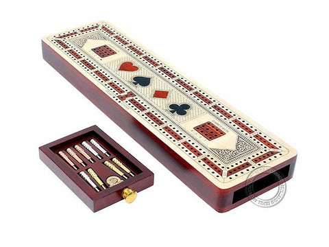 Cribbage Board 3 player inlaid walnut with cards