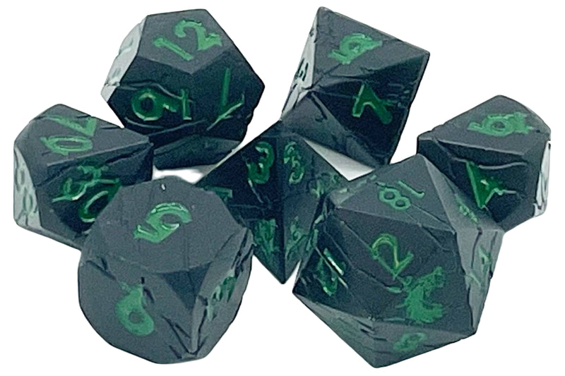 Old School Metal 7 Dice Set: Orc Forged: Matte Black with Green