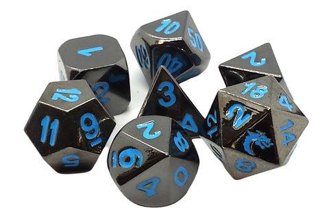 Old School Metal 7 Dice Set: Halfling Forged: Black Nickel with Blue