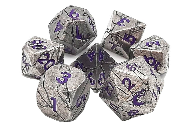 Old School Metal 7 Dice Set: Orc Forged: Ancient Silver with Purple