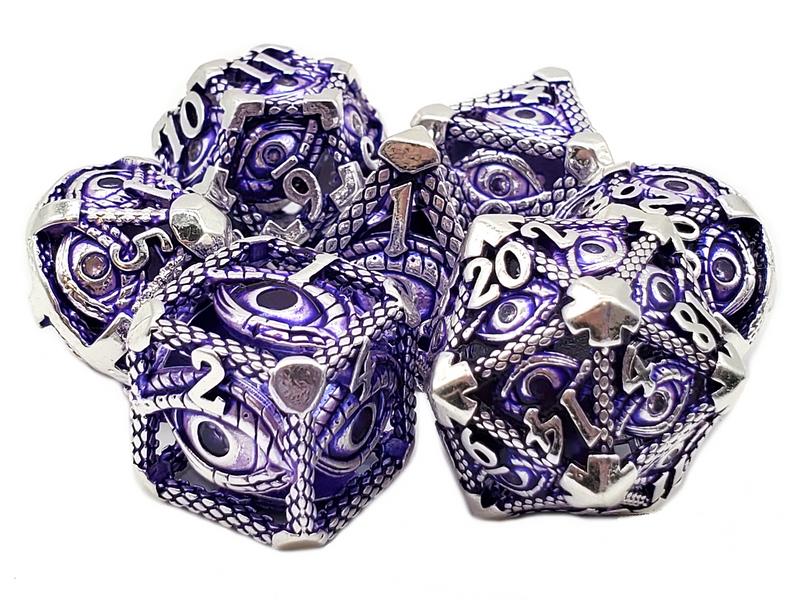 Old School Hollow Metal 7 Dice Set: All Seeing Eye: Silver with Purple