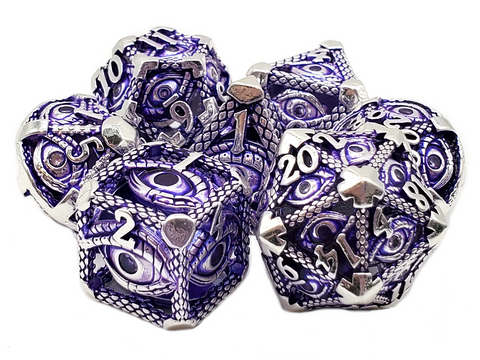 Old School Hollow Metal 7 Dice Set: All Seeing Eye: Silver with Purple