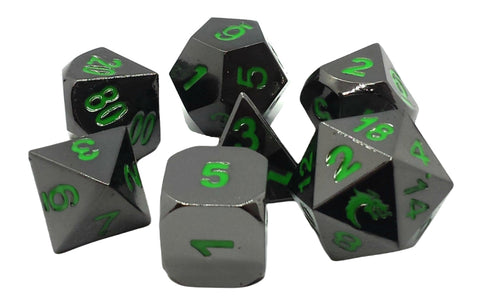 Old School Metal 7 Dice Set: Halfling Forged: Black Nickel with Green