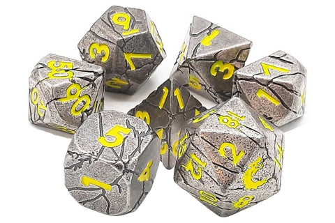 Old School Metal 7 Dice Set: Orc Forged: Ancient Silver with Yellow